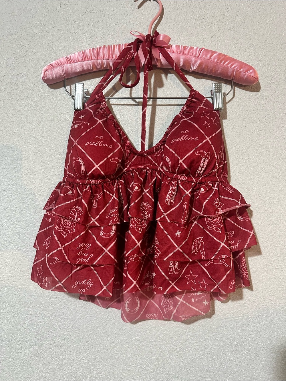 wild fable Red Printed Halter Ruffle Tank